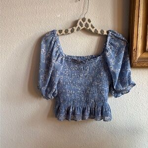 Wayf Blue Floral Smocked Blouse